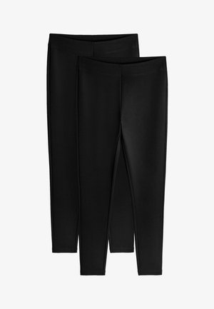 Fekete leggings finom, elasztikus anyagból. Két pár látható, rugalmas derékpánttal és karcsúsított szabással. Nincs rajtuk jellegzetes mintázat.