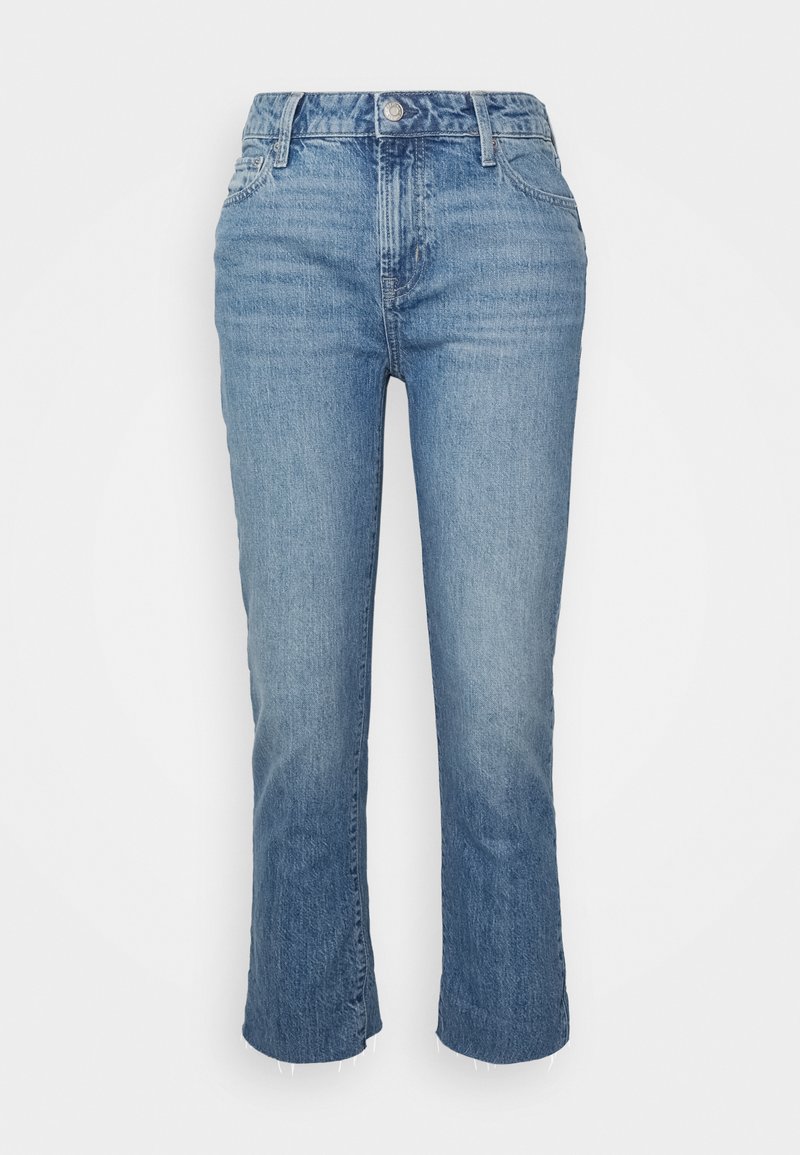 Ανοιχτού μπλε τζιν παντελόνι με εφαρμοστή μέση, κοντό μήκος και σχισμένο στρίφωμα. Διαθέτει κλασικό σχέδιο με πέντε τσέπες και μπροστινό μεταλλικό κουμπί.