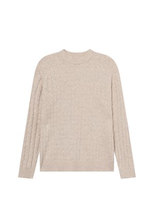 Beige neulepusero, jossa on teksturoitu geometrinen kuvio, pyöreä pääntie ja pitkät hihat. Sisältää ribbikätiset hihat ja helman.