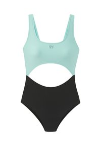 Costume da bagno intero con parte superiore verde menta e parte inferiore nera a vita alta. Materiale liscio con design a taglio e dettaglio del logo.