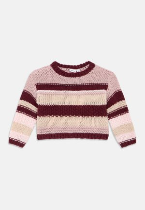 Knit sweater with a crew neckline featuring maroon, pink, and beige horizontal stripes. Soft texture with ribbed cuffs and hem.