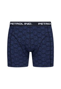 Boxer da uomo colore blu navy con un motivo geometrico in blu scuro. Caratterizzati da una vita elastica bianca con l'etichetta "PETROL IND." Tessuto intrecciato con cuciture.
