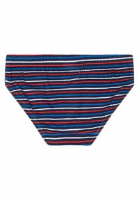Chiloane de baie cu dungi, caracterizate prin dungi orizontale de culoare bleumarin, roșu și albastru deschis. Fabricate dintr-un material moale, cu un brâu elastic pentru confort.