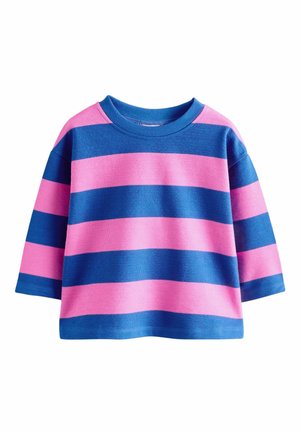Blue and pink wide horizontal striped long-sleeve shirt with a crew neckline and relaxed fit.