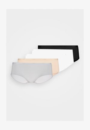 Sæt af fem sømløse hipster-trusser i lys grå, beige, hvid, sort og en mørkere grå, med en blød elastisk talje med branding.