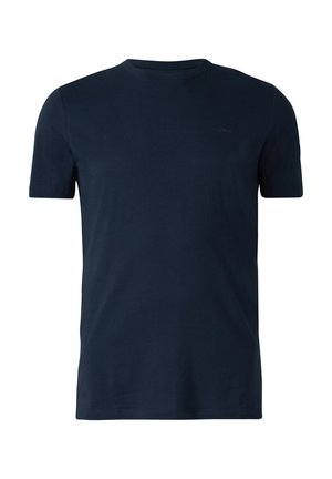 Donkerblauw T-shirt met korte mouwen en een ronde hals, voorzien van een subtiel logo op de borst, weergegeven op een effen witte achtergrond.