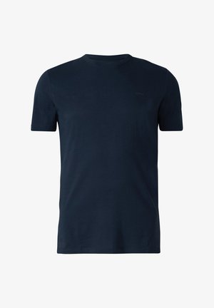 T-shirt bleu marine à manches courtes et col rond avec un logo discret sur la poitrine, présenté sur un fond blanc uni.