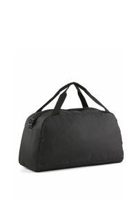 Black duffel bag made of durable fabric, featuring two top handles and a rectangular shape with a smooth texture and no visible patterns.