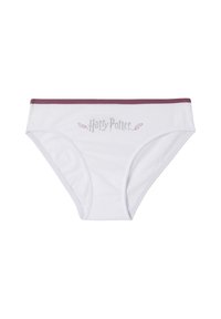 Weiße Baumwollunterwäsche mit maroonfarbenem Gummibund. Mit dem Schriftzug "Harry Potter" und dekorativen Federn in silberner Farbe. Glatte Textur.