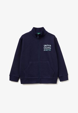 Marineblauer Sweatshirt mit Reißverschluss, vorderen Taschen und dem Schriftzug „UNITED COLORS OF BENETTON“ auf der linken Brust, mit gerippten Bündchen und Kragen.