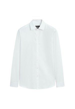 Witte longsleeve gemaakt van gladde stof, met een button-down kraag en zes knopen aan de voorkant, voorzien van subtiele stiksel details.