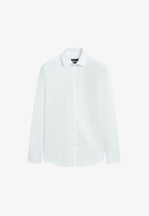 Witte longsleeve gemaakt van gladde stof, met een button-down kraag en zes knopen aan de voorkant, voorzien van subtiele stiksel details.