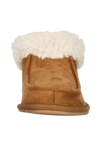 Ruske nubuk slippers med en fluffy hvit pelskrage, flat såle, rund form og sømdetaljer langs kanten. Glatt tekstur.