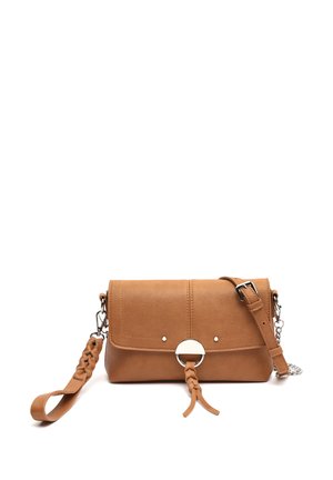 Brown leather crossbody bag with braided strap detail, silver ring clasp, and adjustable buckle on white background.