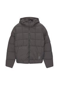 Graue Steppjacke mit Kapuze, mit gestepptem Design, Reißverschluss vorne und elastischen Bündchen. Enthält einen Logopatch am Saum.