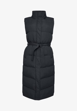 Mouwloze donvest in donkergrijs, met een hoge kraag, een riem in de taille en gequiltte secties voor textuur en isolatie.
