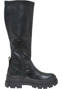 Botte noire en cuir haute jusqu'au genou avec fermeture éclair latérale, surface texturée et semelle en caoutchouc noire robuste avec des rainures profondes.