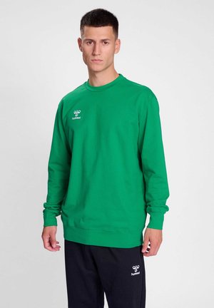 Junger Mann mit kurzen Haaren, der einen grünen Hummel-Sweatshirt und schwarze Hummel-Hosen trägt, steht vor einem schlichten hellen Hintergrund.