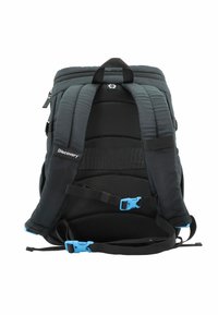 Mochila negra con diseño acolchado, panel trasero de malla, correas ajustables, detalles en hardware azul y un asa superior para llevar.