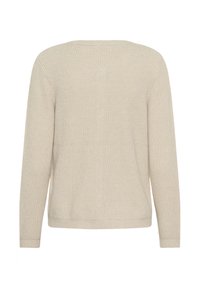Beige knitted sweater, crew neck, long sleeves, textured fabric, relaxed fit, no visible branding, clean design, suitable for casual wear.