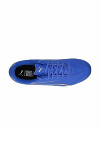 Scarpa da ginnastica blu con una parte superiore liscia e sintetica, dettagli gialli a contrasto e lacci piatti. Presenta una forma aerodinamica e slanciata.