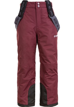 Bordeaux skibukser med justerbare sorte seler, vandtæt materiale, forstærkede sorte manchetter og to knaplukninger i taljen.