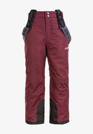Bordowe spodnie narciarskie z regulowanymi czarnymi szelkami, wodoodporny materiał, wzmocnione czarne mankiety i dwa zapięcia na guziki w pasie.
