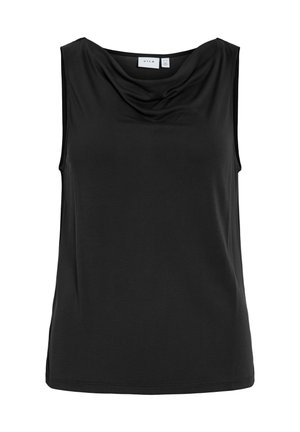 Ärmelloses schwarzes Top mit drapiertem Ausschnitt, gerade geschnittenem Saum und glattem, mattem Stoff, im Kragen mit "VILA" beschriftet.