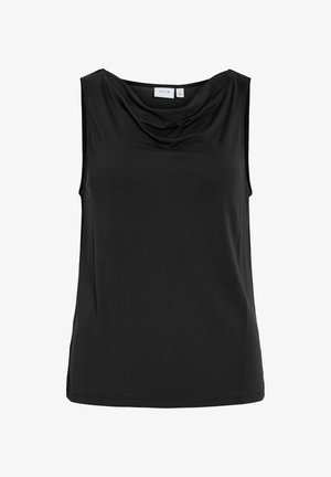 Varrukateta must top, millel on drapeeritud kaelus, sirge lõikega ääris ja sile matt kangas, millel on krae sees silt "VILA".