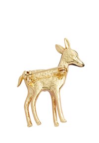 Gold-toned deer brooch with intricate detailing, featuring textured fur and a hinged pin closure, suitable for fastening onto garments.