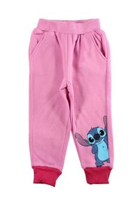 Pantalon de survêtement rose avec une ceinture et des poignets côtelés ; présente un motif graphique d'un personnage bleu sur la jambe gauche ; comprend des poches latérales.