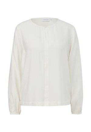 White long-sleeve blouse with a round neckline, subtle front placket, and gathered cuffs. Soft, lightweight fabric with a smooth texture.