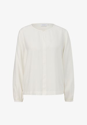 White long-sleeve blouse with a round neckline, subtle front placket, and gathered cuffs. Soft, lightweight fabric with a smooth texture.