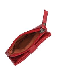 Red leather zip pouch with interior in tan fabric, featuring a textured outer surface and a small loop for attachment.