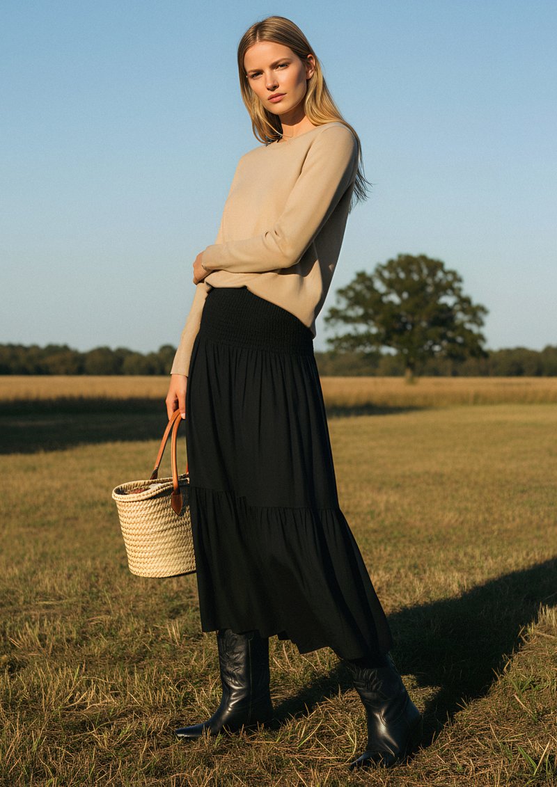 Beige pulóver, fekete, rétegelt maxi szoknya, magas fekete bőr csizma és fonott kosár táska. A modell egy mezőn áll, tiszta kék égbolt alatt.