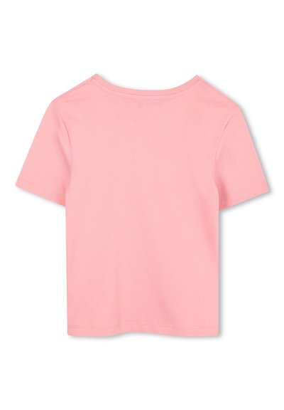 Short-sleeve t-shirt in light pink, crafted from soft cotton. Features a round neckline and a straight hem with neat stitching.