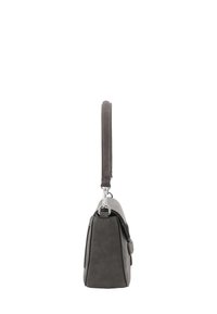 Gray suede handbag with a top handle, rectangular shape, and silver hardware, shown from a side profile against a white background.