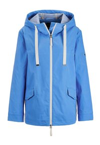 Himmelblaues Kapuzenjackett mit Reißverschluss, zwei Fronttaschen und weißen Kordeln. Der Stoff hat eine glatte, wasserabweisende Textur.