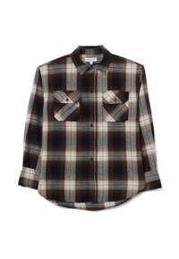 Langsleeve geruite shirt in tinten van zwart, wit en bruin. Bevat twee voorzakken, een knope sluiting en een ronde zoom.