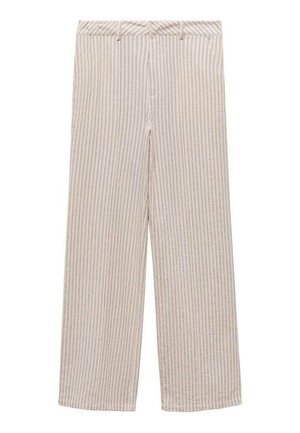 Pantalon beige à jambes larges avec des rayures verticales blanches et marron, passants de ceinture, bouton frontal et fermeture éclair.