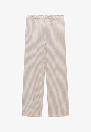 Beżowe spodnie o szerokich nogawkach z pionowymi białymi i brązowymi paskami, szlufkami na pasek, zapinane z przodu na guzik i suwak.