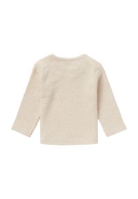 Langærmet top i lys beige ribbet stof, med en rund halsudskæring og sideslitser for bedre bevægelsesfrihed. Glat tekstur og enkelt design.