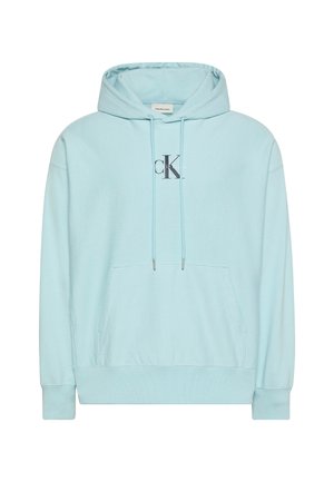 Sudadera con capucha azul claro con bolsillo frontal, capucha con cordón y un logo plateado en el pecho. Hecha de tela suave, con puños y dobladillo acanalados.