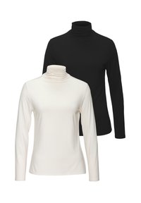Kaks pikka varrukat turtleneck’i: üks must ja üks valge. Valmistatud siledast ja venivast kangast, millel on vormitud lõiked ja keeratud kaelused.