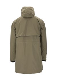 Olivgrön vattentät jacka med huva, som har en åtsittande nederkant, hög krage och justerbara ärmslut. Slät texturkonstruktion.