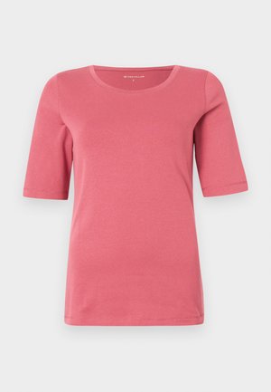 Rosa kortermet T-skjorte med rund hals til kvinner, laget av glatt bomullsstoff, med vanlig passform og sydde kanter.