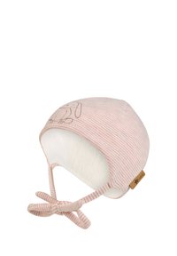 Knitted infant hat in pink and white stripes, featuring a rabbit design, soft white lining, and ties at the chin for secure fit.