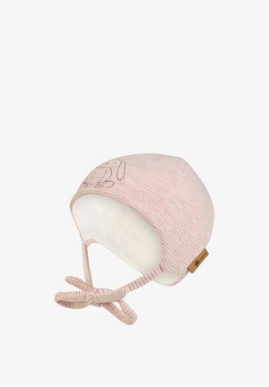 Gestrickte Babymütze in rosa und weißen Streifen, mit einem Hasendesign, weichem weißen Futter und Bindebändern am Kinn für einen sicheren Sitz.