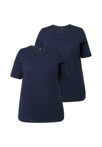 Dwa granatowe t-shirty z krótkim rękawem. Okrągły dekolt, miękki materiał, prosty krój, bez wzorów i akcentów. Idealne na casualowe okazje.