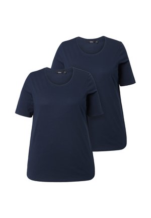 Dos camisetas de manga corta de color azul marino. Cuello redondeado, tejido suave, diseño simple, sin patrones ni adornos. Adecuadas para uso casual.